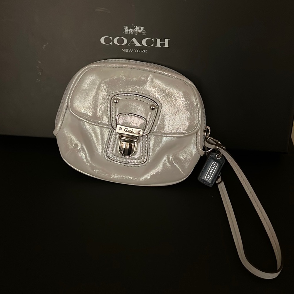 Small Coach Silver Shimmer Treated Leather Wristlet/wallet